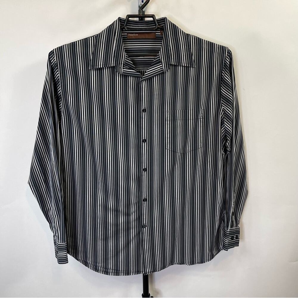 Perry Ellis Black Grey White Striped Long Sleeve Shirt Size Large Men’s